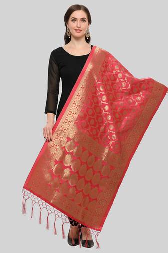 Light Red Banarasi silk blend Zari Woven Dupatta