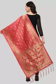 Light Red Banarasi silk blend Zari Woven Dupatta