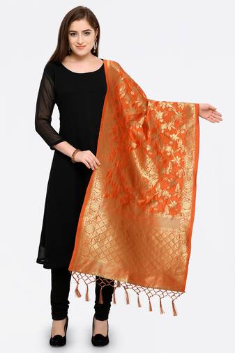 Orange Banarasi silk blend Zari Woven Dupatta