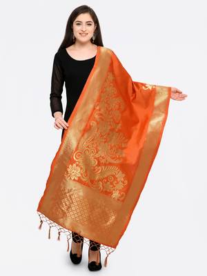 Orange Banarasi silk blend Zari Woven Dupatta 1