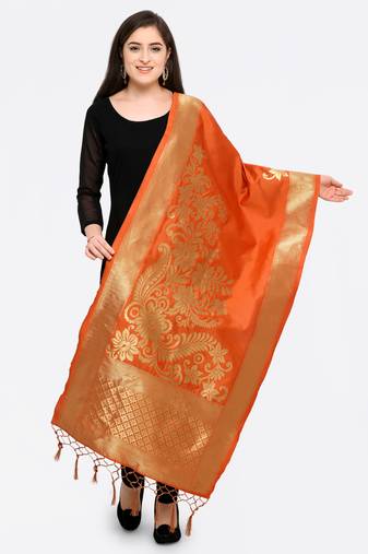 Orange Banarasi silk blend Zari Woven Dupatta