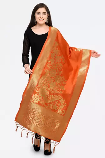 Orange Banarasi silk blend Zari Woven Dupatta