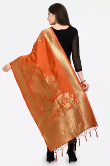 Orange Banarasi silk blend Zari Woven Dupatta