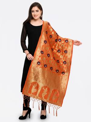 Orange Banarasi silk blend Zari Woven Dupatta 1