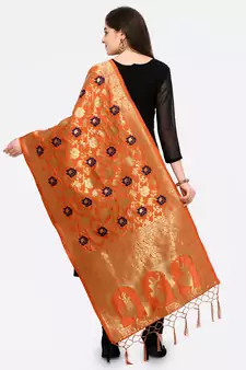 Orange Banarasi silk blend Zari Woven Dupatta