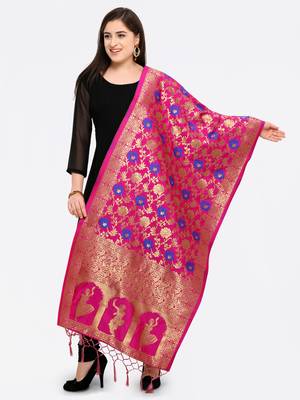 Pink Banarasi Art Silk Dupatta with Golden Zari Work 1