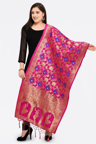 Pink Banarasi Art Silk Dupatta with Golden Zari Work