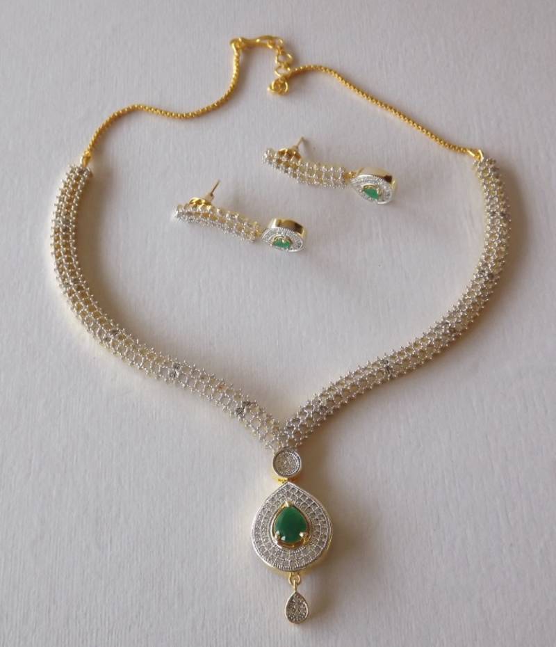 Golden and White Delicate American DIamond Necklace Set with Earrings