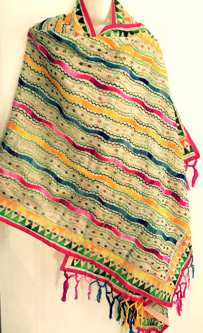 Off White Multicolored Phulkari Zigzag Embroidered Dupatta Shawl