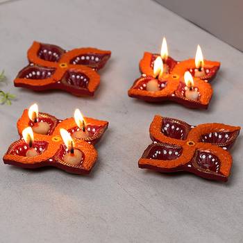 Aapno Rajasthan Swastik Design Terracotta Diya-Set Of 4 1