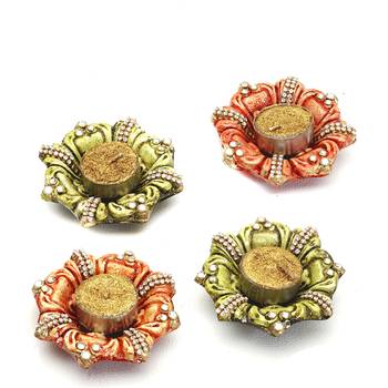 Aapno Rajasthan Floral Shape Wax Filled Diya Candles (Set Of 4) 3