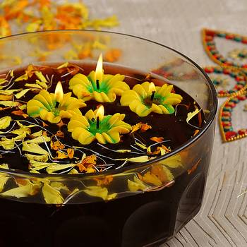 Aapno Rajasthan Yellow Flower Wax Candle Diyas- Set Of 4 1