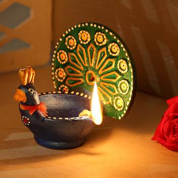 Aapno Rajasthan Metallic Coloured Peacock Design Terracota Diya 1