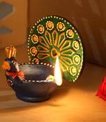 Aapno Rajasthan Metallic Coloured Peacock Design Terracota Diya