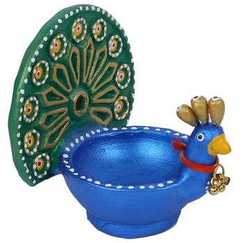 Aapno Rajasthan Metallic Coloured Peacock Design Terracota Diya 3