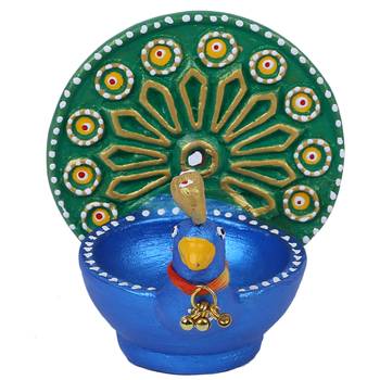 Aapno Rajasthan Metallic Coloured Peacock Design Terracota Diya 4