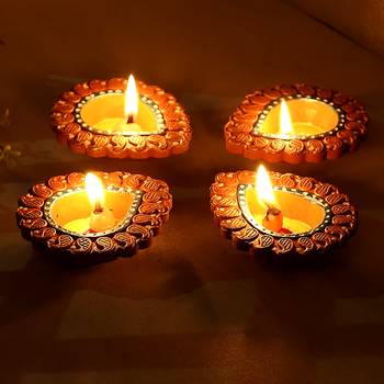 Aapno Rajasthan Delicately Carved Terracotta Diyas - Set Of 4 1