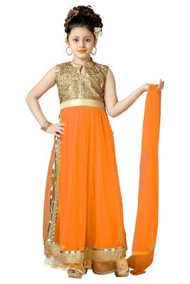 Orange Embroidered Net Kids Kurtis 1