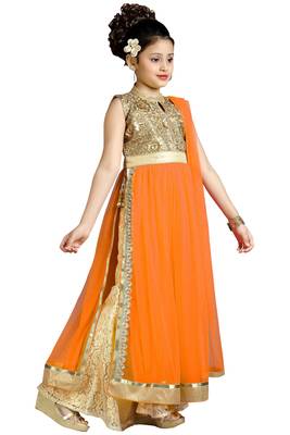 Orange Embroidered Net Kids Kurtis 2