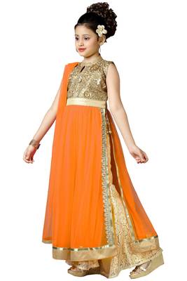 Orange Embroidered Net Kids Kurtis 3