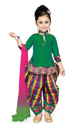 Green Plain Cotton Kids Kurtis 1