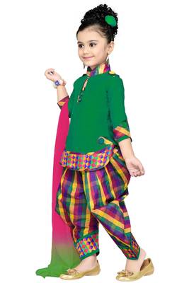 Green Plain Cotton Kids Kurtis 2