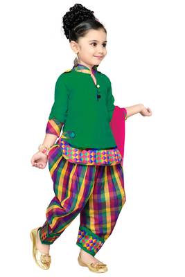 Green Plain Cotton Kids Kurtis 3