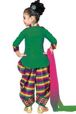 Green Plain Cotton Kids Kurtis 4