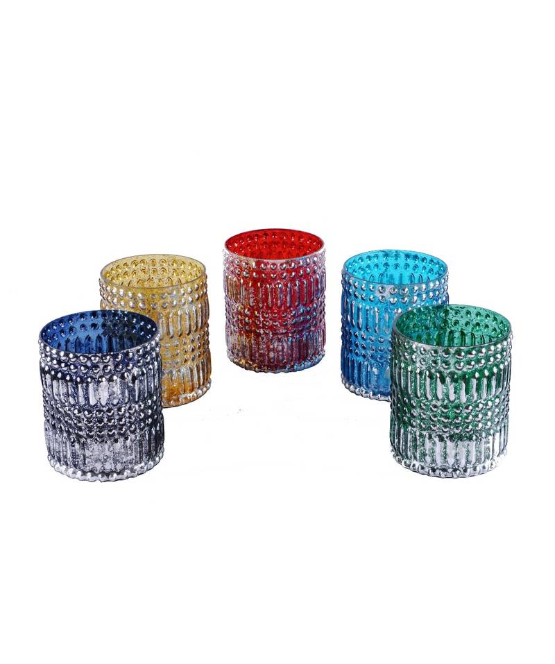 Set of 5 Murcury Silver Multicolour Glass Tea Light Holder by Deco