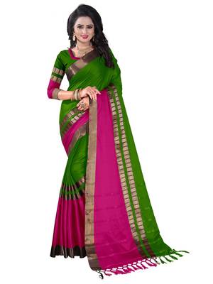 Green & Pink Woven Cotton Blend Saree With Blouse 1