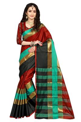 Red & Black Woven Cotton Silk Saree With Blouse 1
