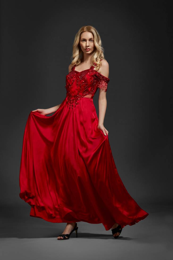 red cold shoulder gown
