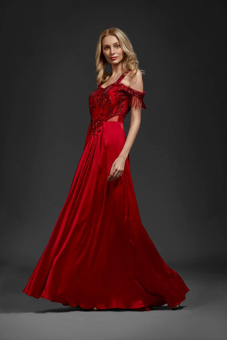 red cold shoulder gown