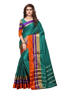 Teal Green Woven Cotton Silk Saree With Blouse 1