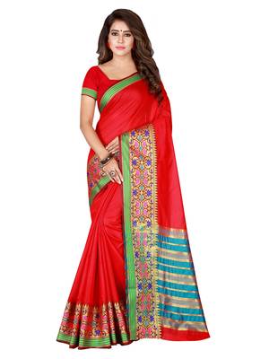 Red Woven Cotton Blend Saree With Blouse 1