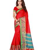 Red Woven Cotton Blend Saree With Blouse
