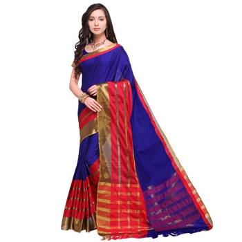 Navy Blue Woven Cotton Silk Saree With Blouse 1
