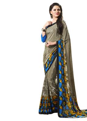 Grey printed crepe saree with blouse 1
