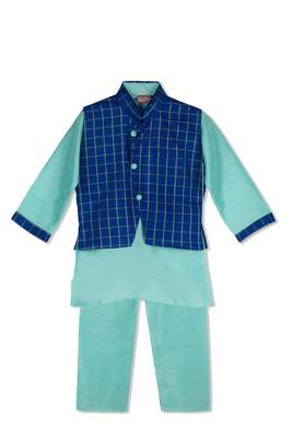 Royal Kurta Pyjama With Stylish Jacket   Mint Green/Royal Blue 1
