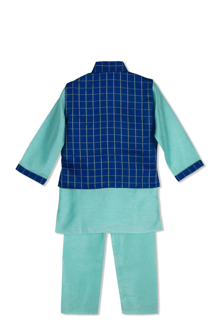Royal Kurta Pyjama With Stylish Jacket   Mint Green/Royal Blue