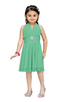 Green Plain Net Kids Frocks 1