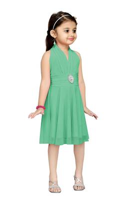 Green Plain Net Kids Frocks 2