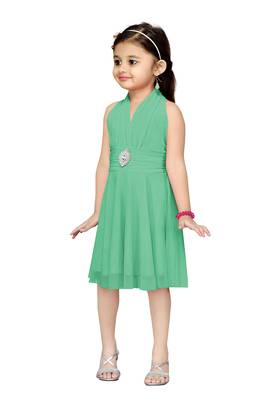 Green Plain Net Kids Frocks 3