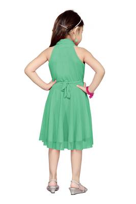 Green Plain Net Kids Frocks 4