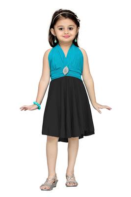 Turquoise Plain Net Kids Frocks 1