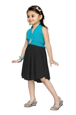 Turquoise Plain Net Kids Frocks 3