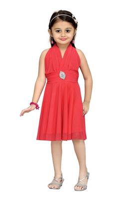 Peach Plain Net Kids Frocks 1