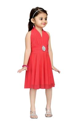 Peach Plain Net Kids Frocks 2