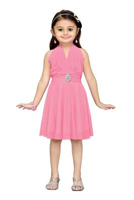 Pink Plain Net Kids Frocks 1
