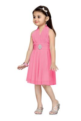 Pink Plain Net Kids Frocks 3